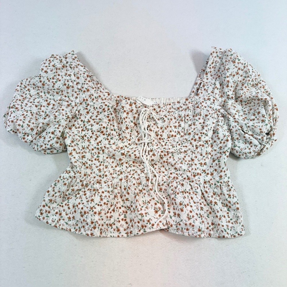 ASTR The Label Blouse Womens XL White Floral Puff Sleeve Cottage Prairie Crop